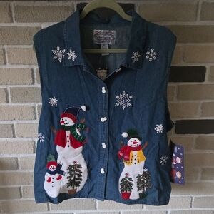 Snowman Embroidered Denim Vest NWT